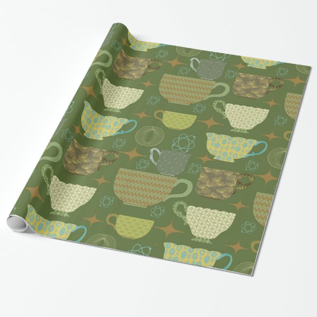 Mid Century Modern Bright Green Teacup  Wrapping Paper (Unrolled)