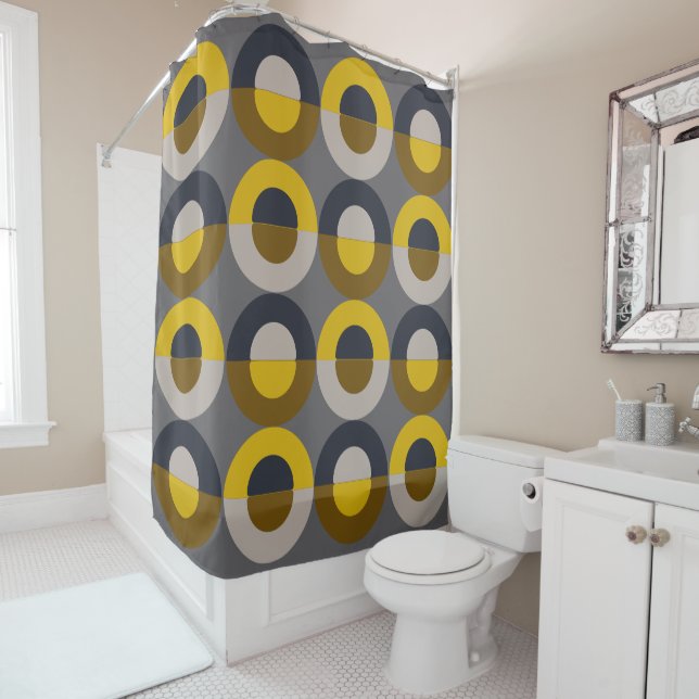 Mid-Century Modern Bronze Mustard Thunder       Shower Curtain (In Situ)
