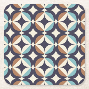 Mid-Century Modern Brown & Teal Pattern Square Paper Coaster