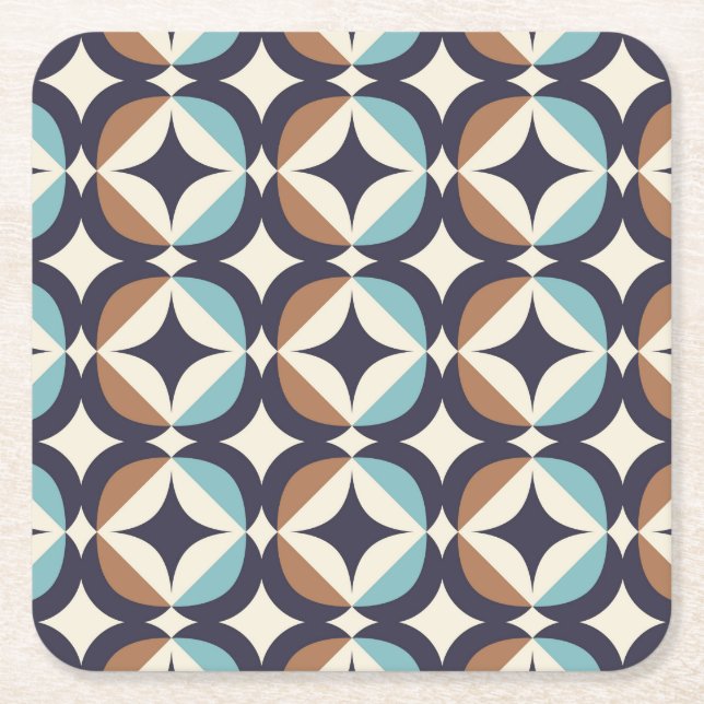 Mid-Century Modern Brown & Teal Pattern Square Paper Coaster (Front)