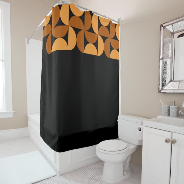 Mid-Century Modern Burnt Clay and Mocha  Shower Curtain (In Situ)