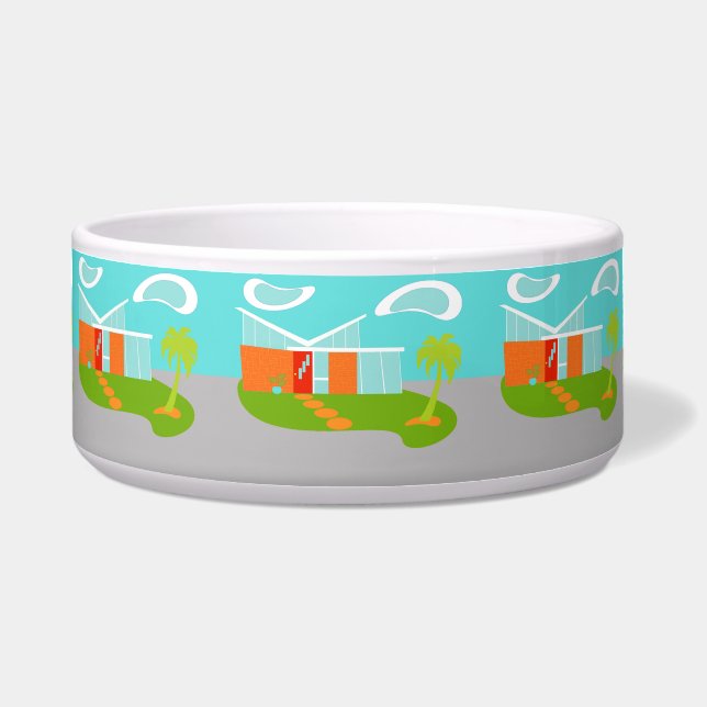 Mid Century Modern Cartoon House Ceramic Pet Bowl (Front)