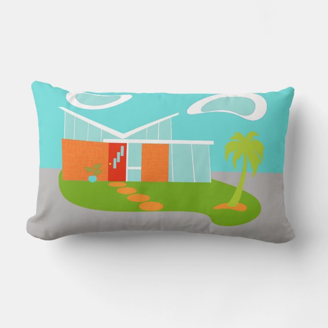 Mid Century Modern Cartoon House Lumbar Pillow (Front)