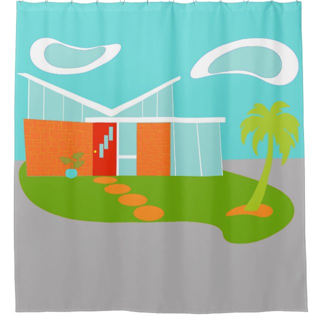 Mid Century Modern Cartoon House Shower Curtain (Front)