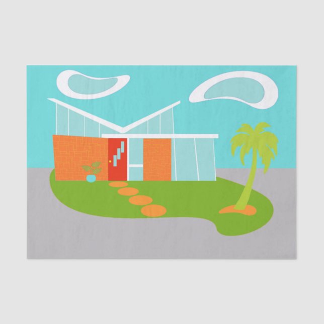 Mid Century Modern Cartoon House Tissue Paper (Front)