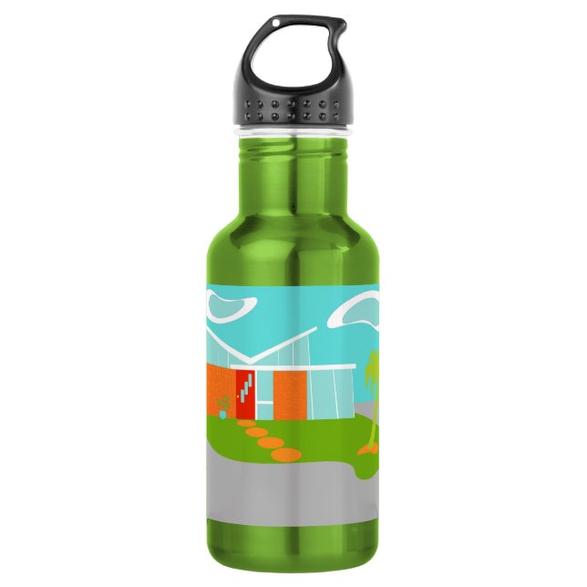 Mid Century Modern Cartoon House Water Bottle (Front)