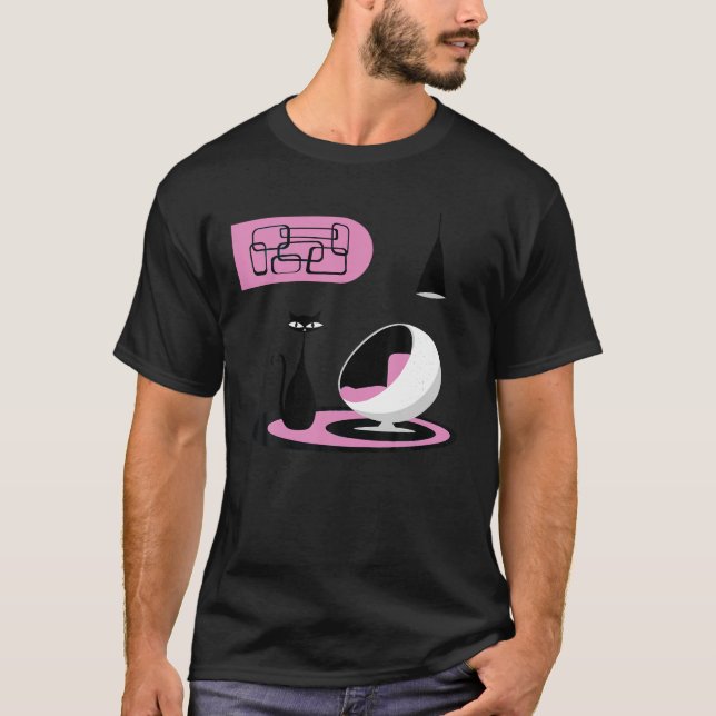 Mid Century Modern Cat and Retro Ball Chair T Shir T-Shirt (Front)