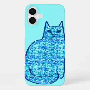 Mid-Century Modern Cat, Aqua and Navy Blue iPhone 16 Plus Case