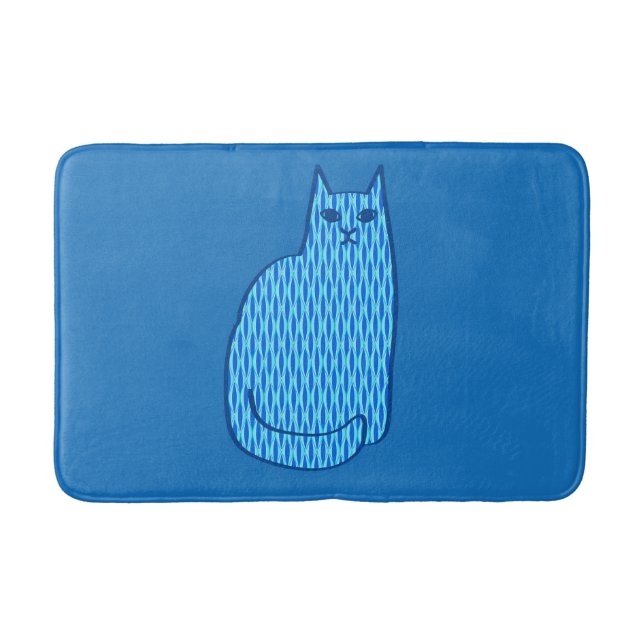 Mid-Century Modern Cat, Cobalt and Light Blue    Bath Mat (Front)