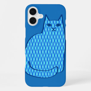 Mid-Century Modern Cat, Cobalt and Light Blue iPhone 16 Plus Case