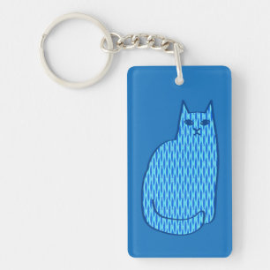 Mid-Century Modern Cat, Cobalt and Light Blue Key Ring