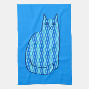 Mid-Century Modern Cat, Cobalt and Light Blue Tea Towel