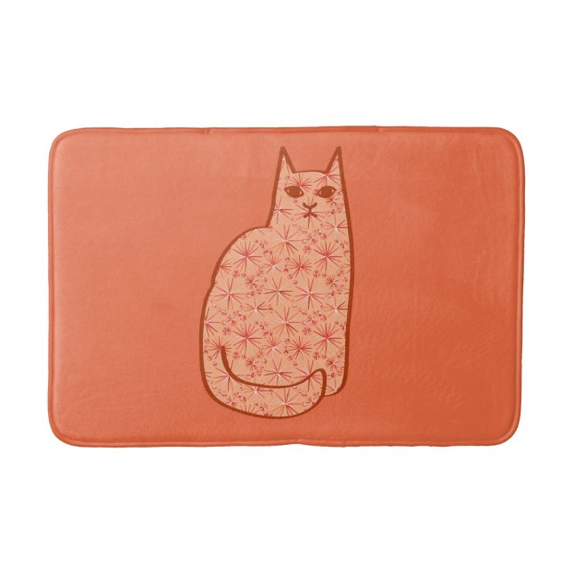 Mid-Century Modern Cat, Coral Orange and White  Bath Mat (Front)