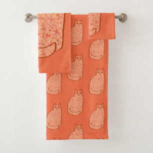 Mid-Century Modern Cat, Coral Orange and White Bath Towel Set