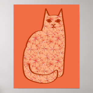 Mid-Century Modern Cat, Coral Orange and White Poster