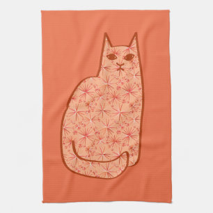 Mid-Century Modern Cat, Coral Orange and White Tea Towel