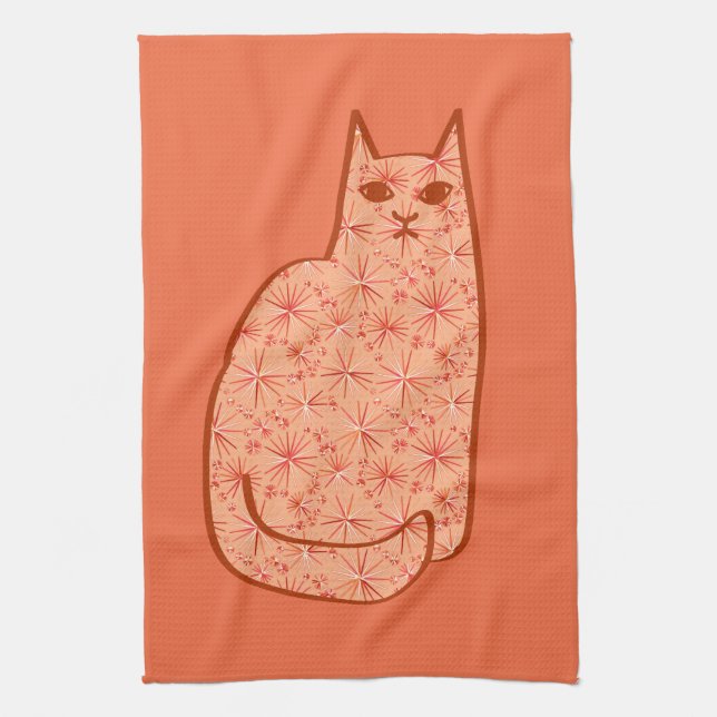 Mid-Century Modern Cat, Coral Orange and White Tea Towel (Vertical)