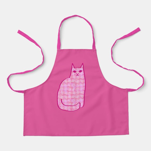 Mid-Century Modern Cat, Fuchsia and Light Pink Apron (Front)