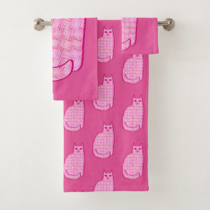 Mid-Century Modern Cat, Fuchsia and Light Pink  Bath Towel Set