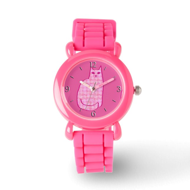 Mid-Century Modern Cat, Fuchsia and Light Pink Watch (Front)