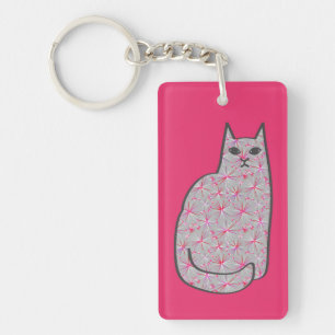 Mid-Century Modern Cat, Fuchsia Pink and Grey Key Ring