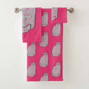 Mid-Century Modern Cat, Grey and Fuchsia Pink  Bath Towel Set