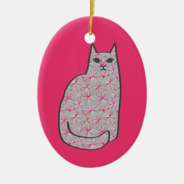 Mid-Century Modern Cat, Grey and Fuchsia Pink  Ceramic Ornament (Front)