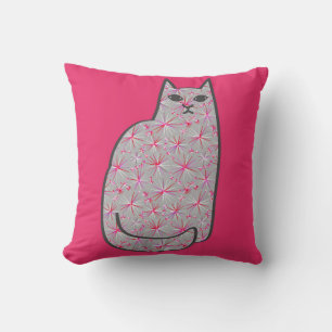 Mid-Century Modern Cat, Grey and Fuchsia Pink  Cushion