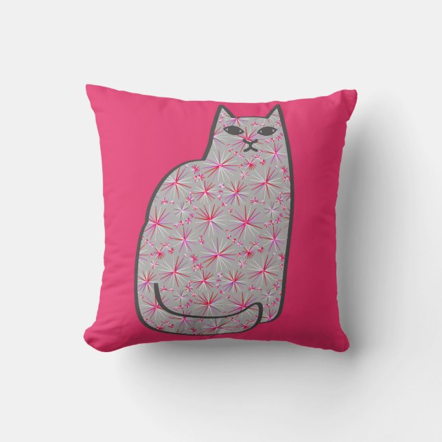 Mid-Century Modern Cat, Grey and Fuchsia Pink  Cushion (Front)