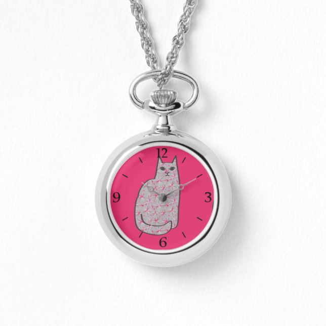 Mid-Century Modern Cat, Grey and Fuchsia Pink  Watch (Front)