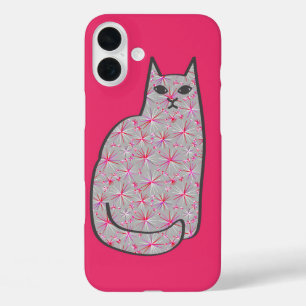 Mid-Century Modern Cat, Grey / Grey and Pink iPhone 16 Plus Case