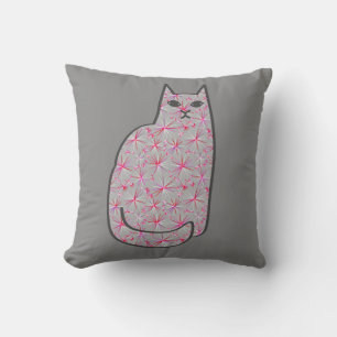 Mid-Century Modern Cat, Grey / Grey and Pink Cushion