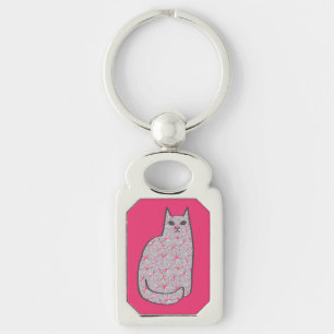 Mid-Century Modern Cat, Grey / Grey and Pink Key Ring