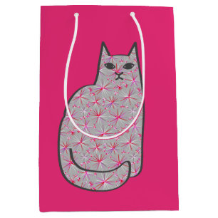 Mid-Century Modern Cat, Grey / Grey and Pink Medium Gift Bag