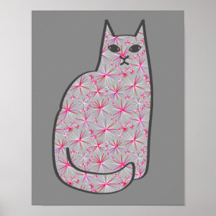 Mid-Century Modern Cat, Grey / Grey and Pink Poster