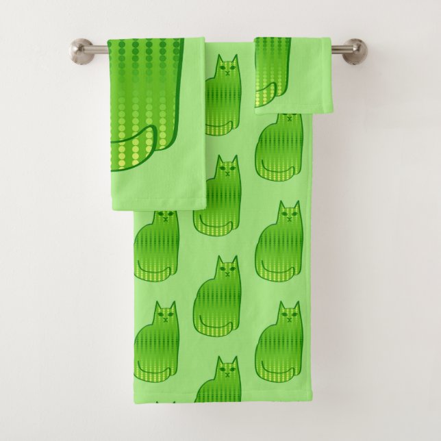 Mid-Century Modern Cat, Lime and Emerald Green   Bath Towel Set (Insitu)