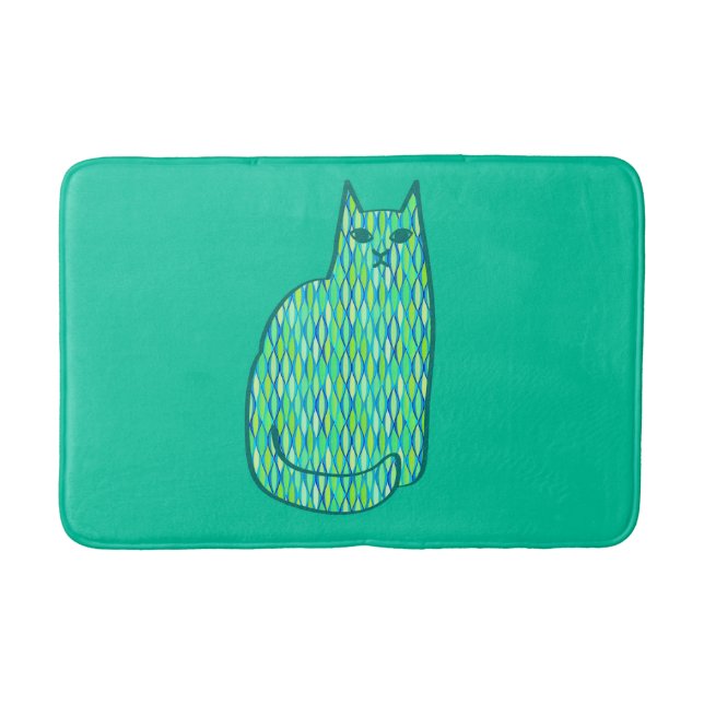 Mid-Century Modern Cat, Mint and Lime Green  Bath Mat (Front)