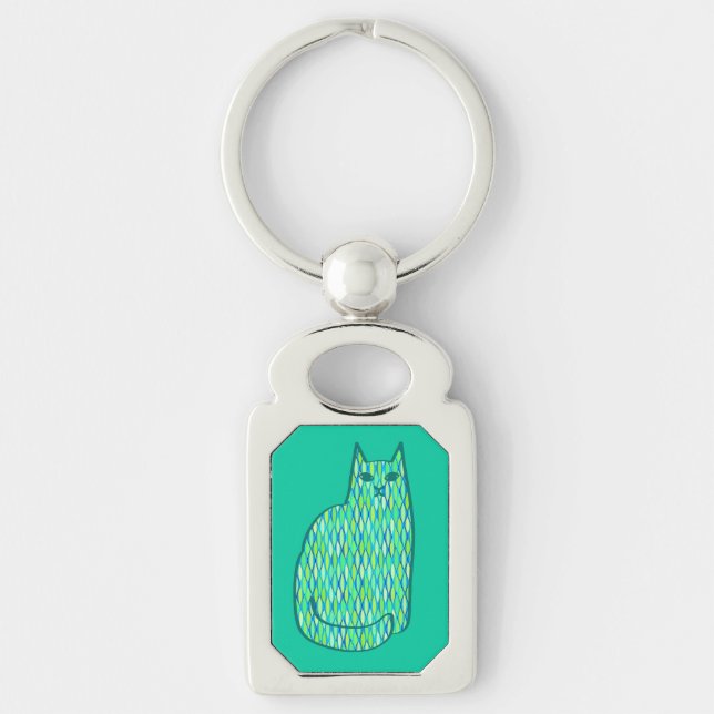 Mid-Century Modern Cat, Mint and Lime Green Key Ring (Front)