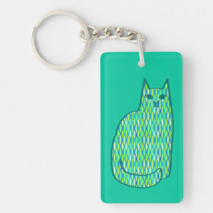 Mid-Century Modern Cat, Mint and Lime Green Key Ring