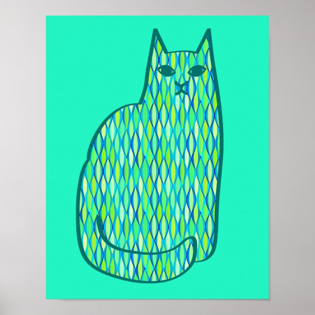 Mid-Century Modern Cat, Mint and Lime Green Poster (Front)