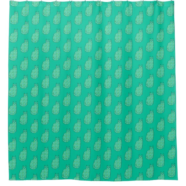 Mid-Century Modern Cat, Mint and Lime Green  Shower Curtain (Front)