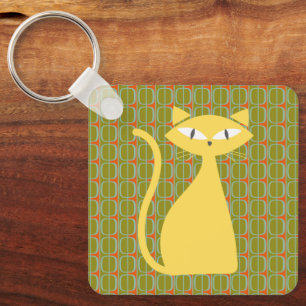 Mid Century Modern Cat on Geometric Pattern Key Ring