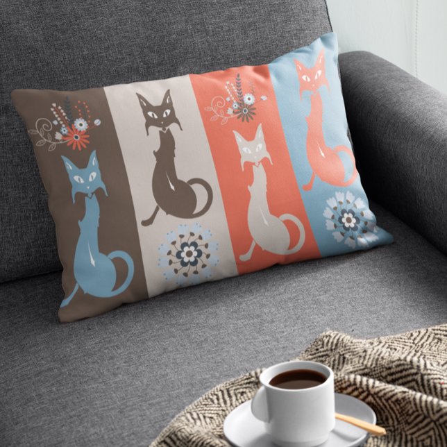 Mid Century Modern Cat Retro Orange Brown Lumbar Cushion (Creator Uploaded)