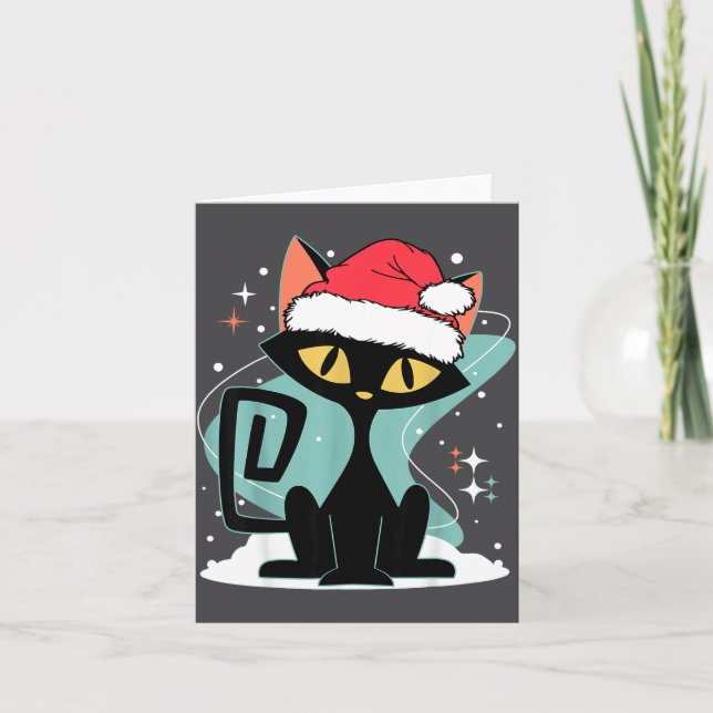 Mid Century Modern Cat Santa Hat Christmas 70s Ret Card (Front)