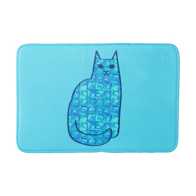 Mid-Century Modern Cat, Turquoise and Navy  Bath Mat (Front)