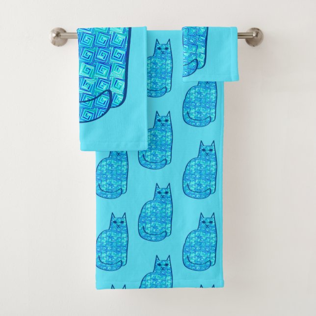 Mid-Century Modern Cat, Turquoise and Navy  Bath Towel Set (Insitu)
