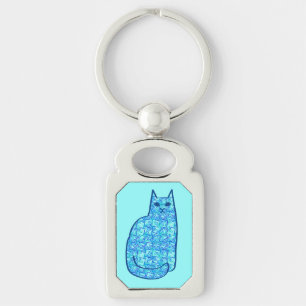 Mid-Century Modern Cat, Turquoise and Navy Key Ring