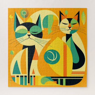 Mid-Century Modern Cats Art: Abstract Shapes Jigsaw Puzzle