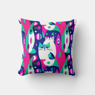 Mid-Century Modern Cats on a Dark Blue Background Cushion