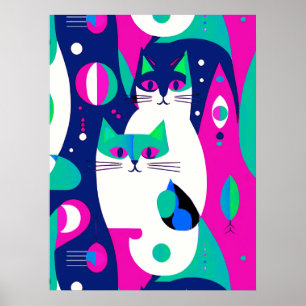 Mid-Century Modern Cats on a Dark Blue Background Poster